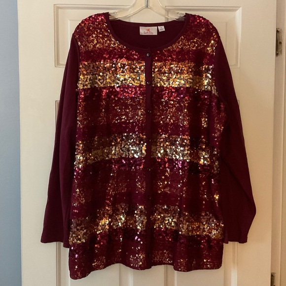 Quacker Factory Lace and Sequin Button Front Bracelet Slv Cardigan Plus Size 1X - Picture 2 of 8